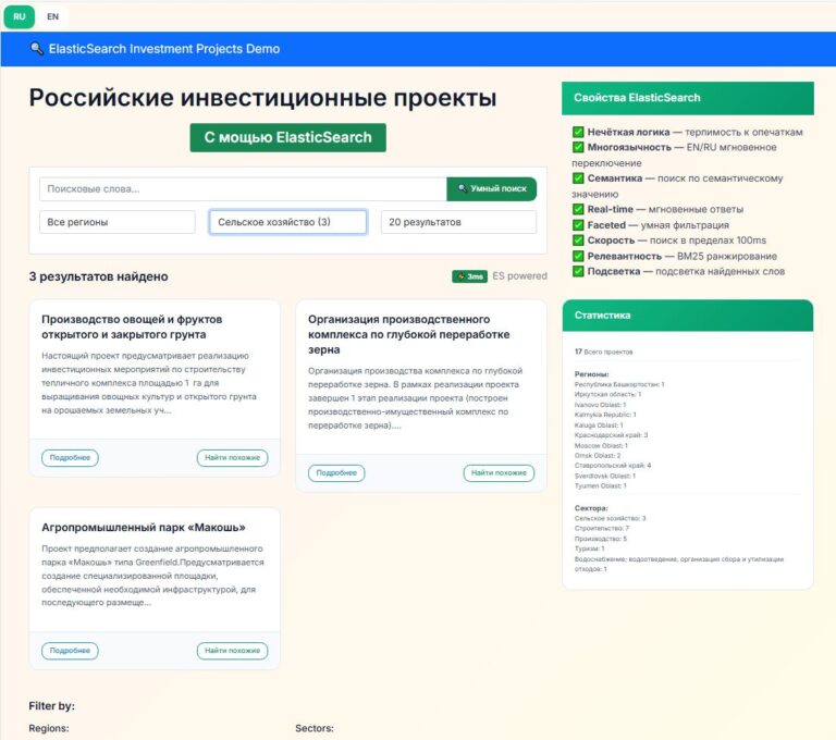 Инвестиционные проекты России: быстрый поиск даже с помощью простейшей реализации поисковой системы ElasticSearch